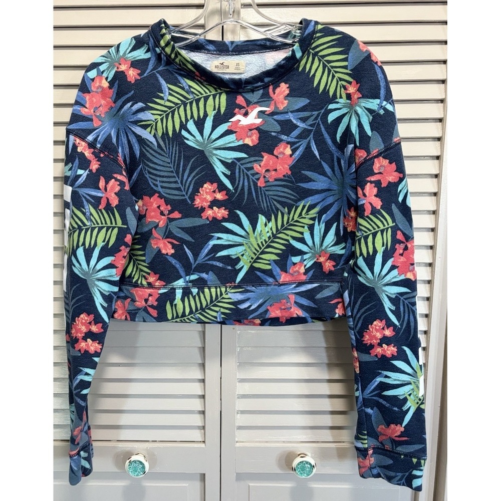 Hollister Cropped Long Sleeve Floral Sweatshirt‎ Blue/Multi Graphic Logo Size XS